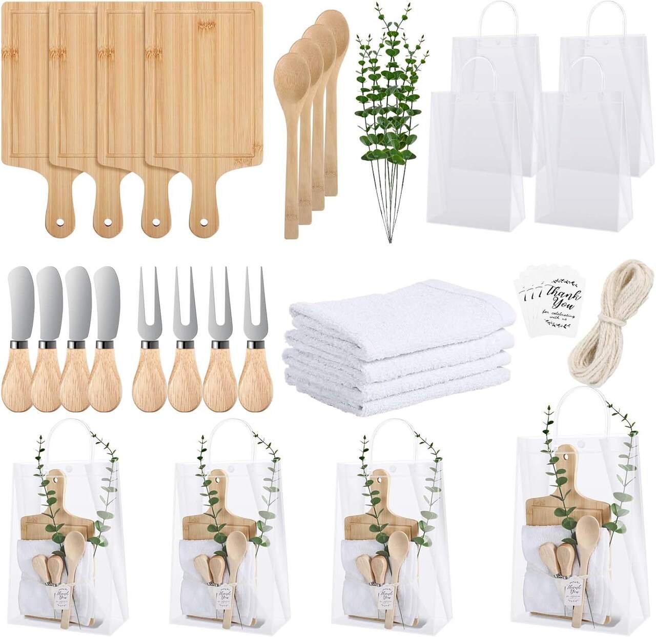 33PCS Baby Shower Game Prizes 4 Set Winners Guest Gifts Bamboo Cheese Board Set Butter Spreaders Fork Spoon Towel Thank You Card and Gift Bags